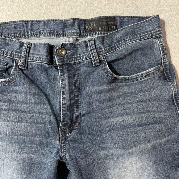 TK Axel Jeans Mens 34x32 Blue Straight Cut Denim Pants Thick Stitch Embroidered - Picture 3 of 13